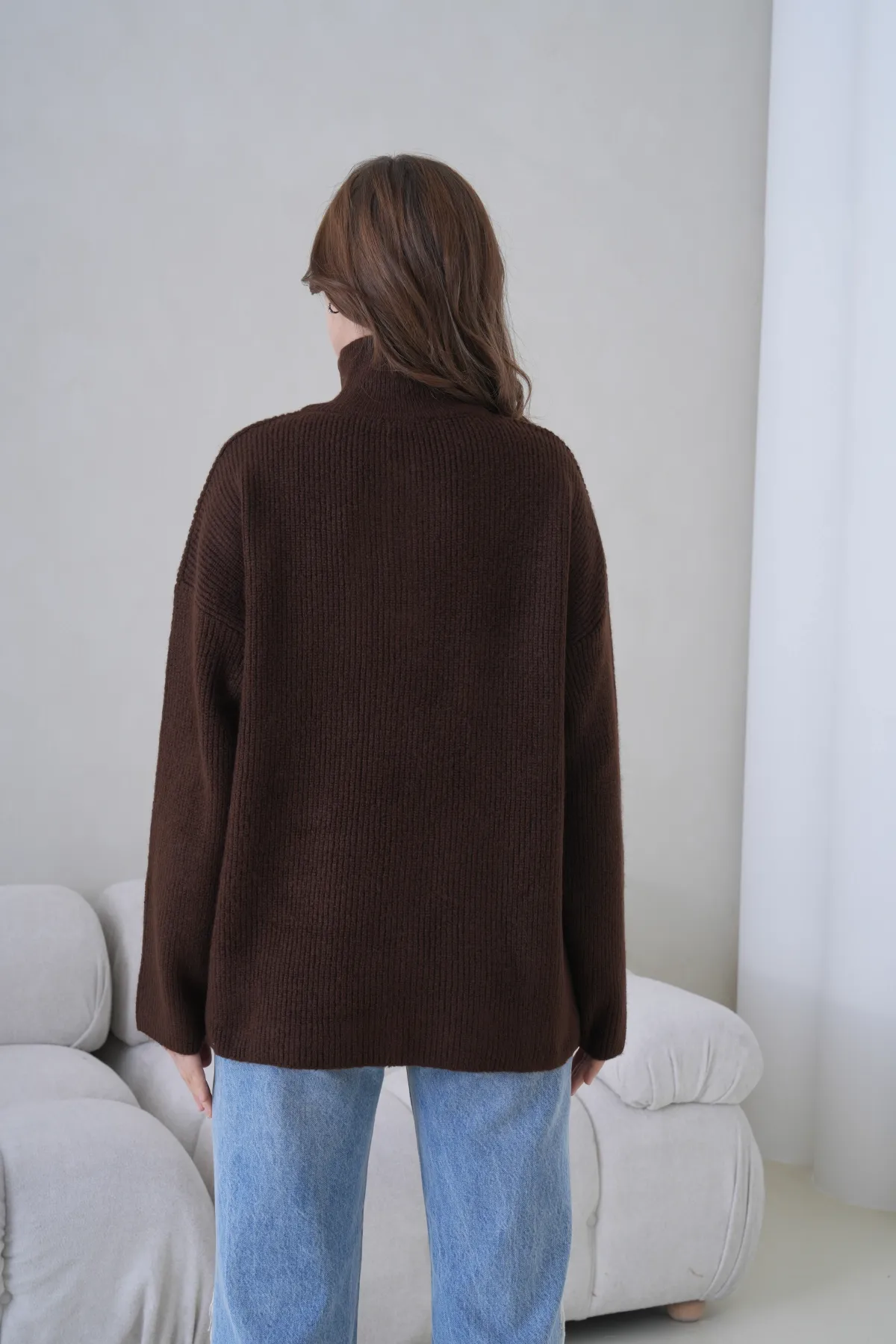 Kadın Dik Yaka Yarım Pat Fermuar Kapama Yumuşak Dokulu Oversize Triko Kazak 8702Sw