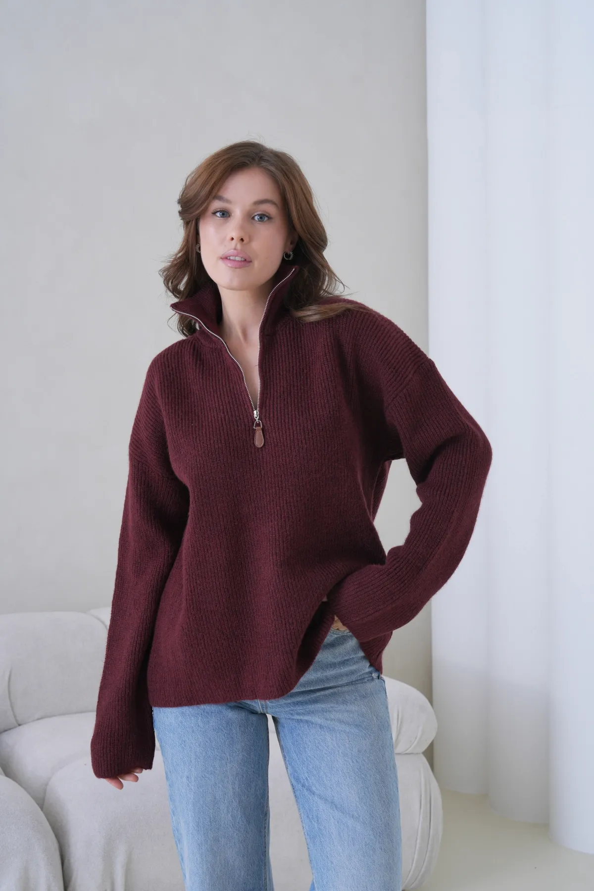 Kadın Dik Yaka Yarım Pat Fermuar Kapama Yumuşak Dokulu Oversize Triko Kazak 8702Sw