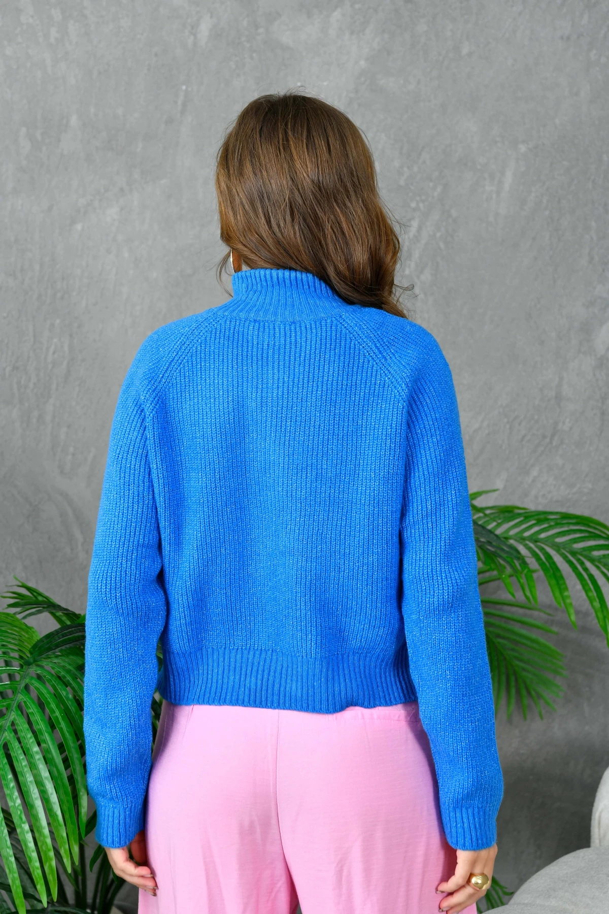 Kadın Fermuarlı Yaka Selanik Örgü Triko Kazak 8018Sw