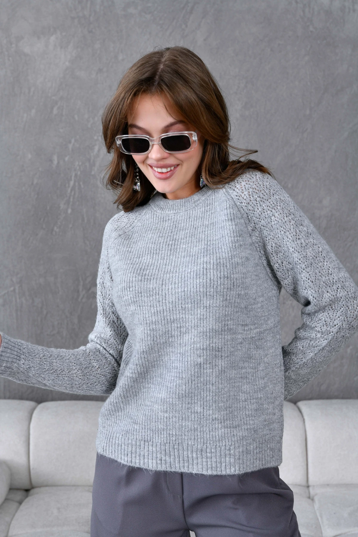 Kadın Fitilli Bisiklet Yaka Ajurlu Triko Kazak 8438Sw