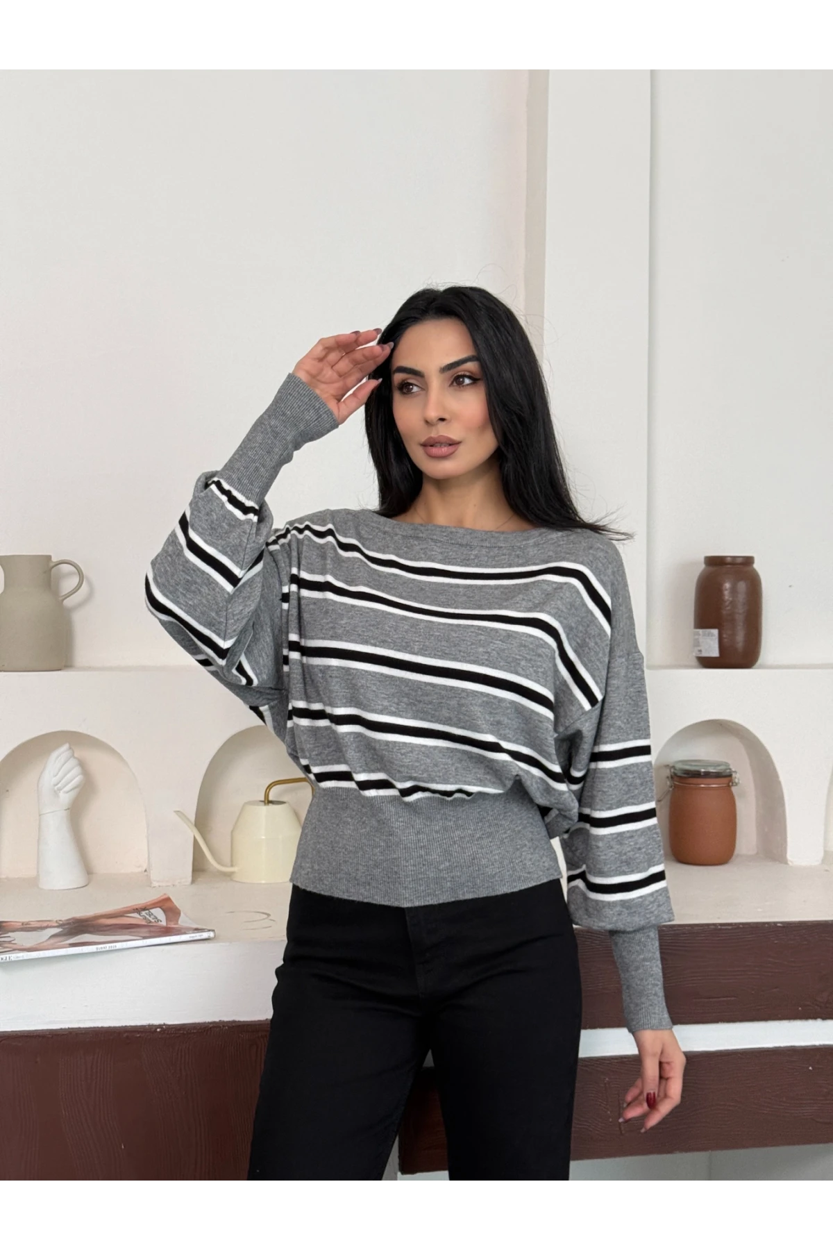 Kadın Geniş Yaka Çizgili Premium İplik Triko Kazak