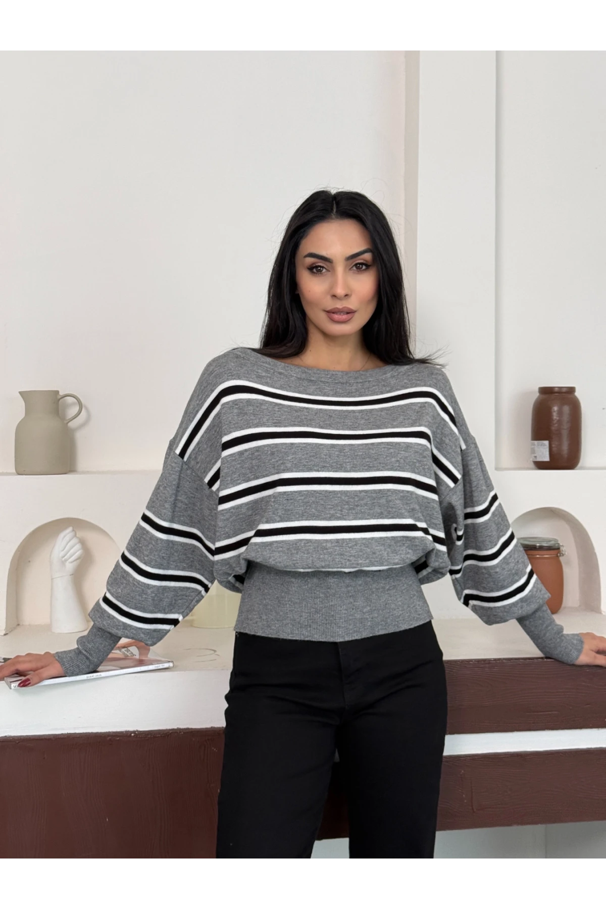 Kadın Geniş Yaka Çizgili Premium İplik Triko Kazak