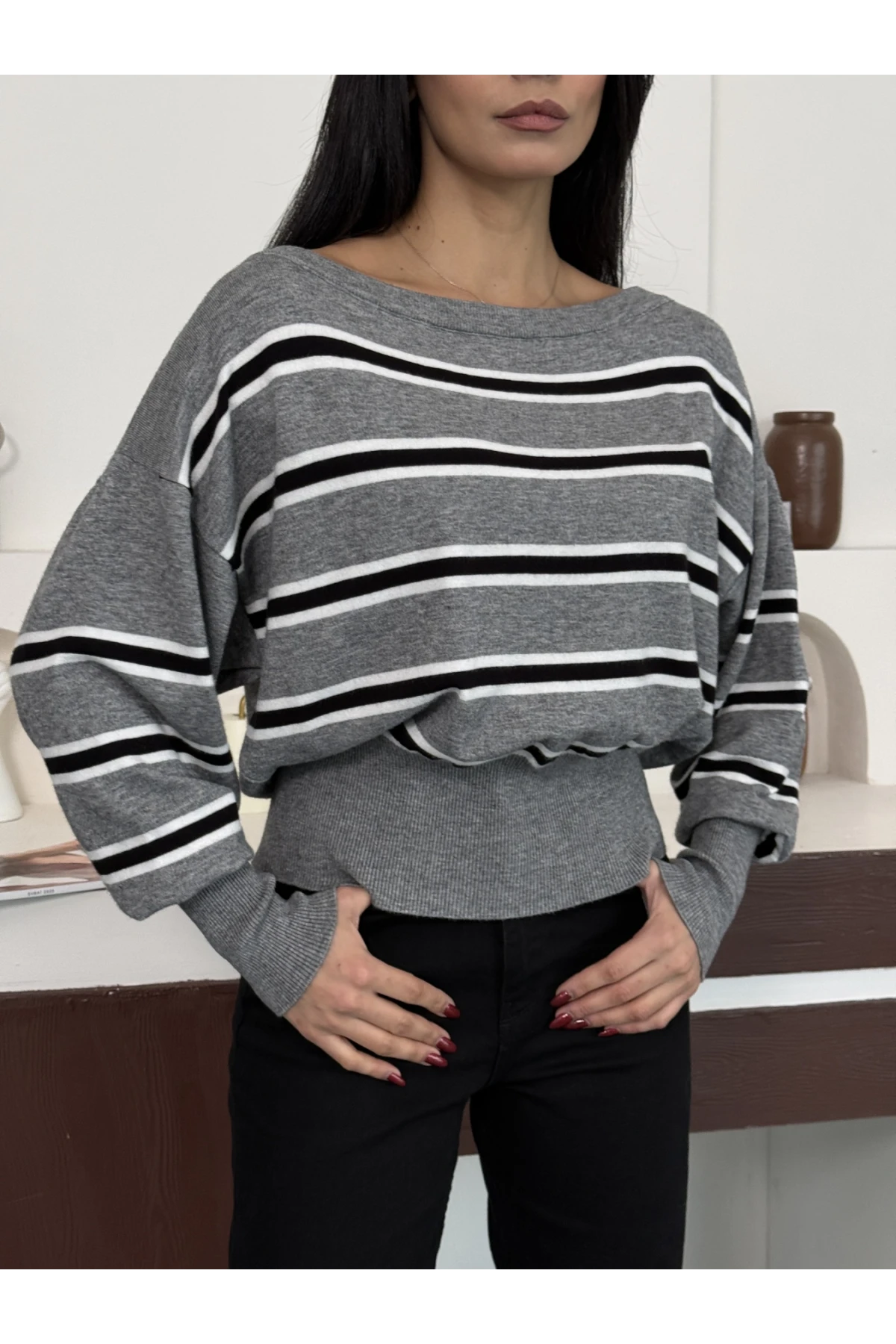 Kadın Geniş Yaka Çizgili Premium İplik Triko Kazak