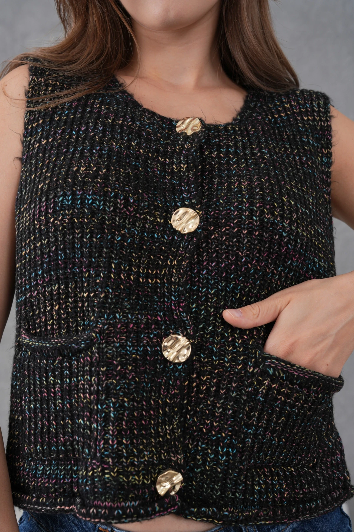 Kadın Geniş Yaka Düğme Detay Selanik Örgü Kolsuz Triko Yelek 8606Sw