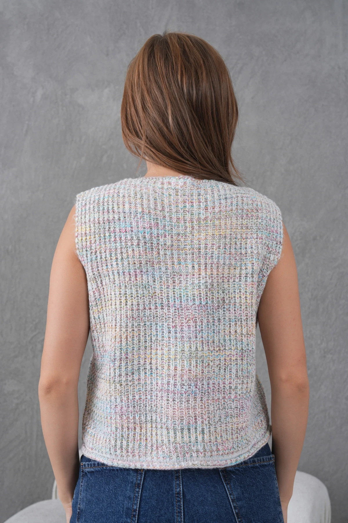 Kadın Geniş Yaka Düğme Detay Selanik Örgü Kolsuz Triko Yelek 8606Sw