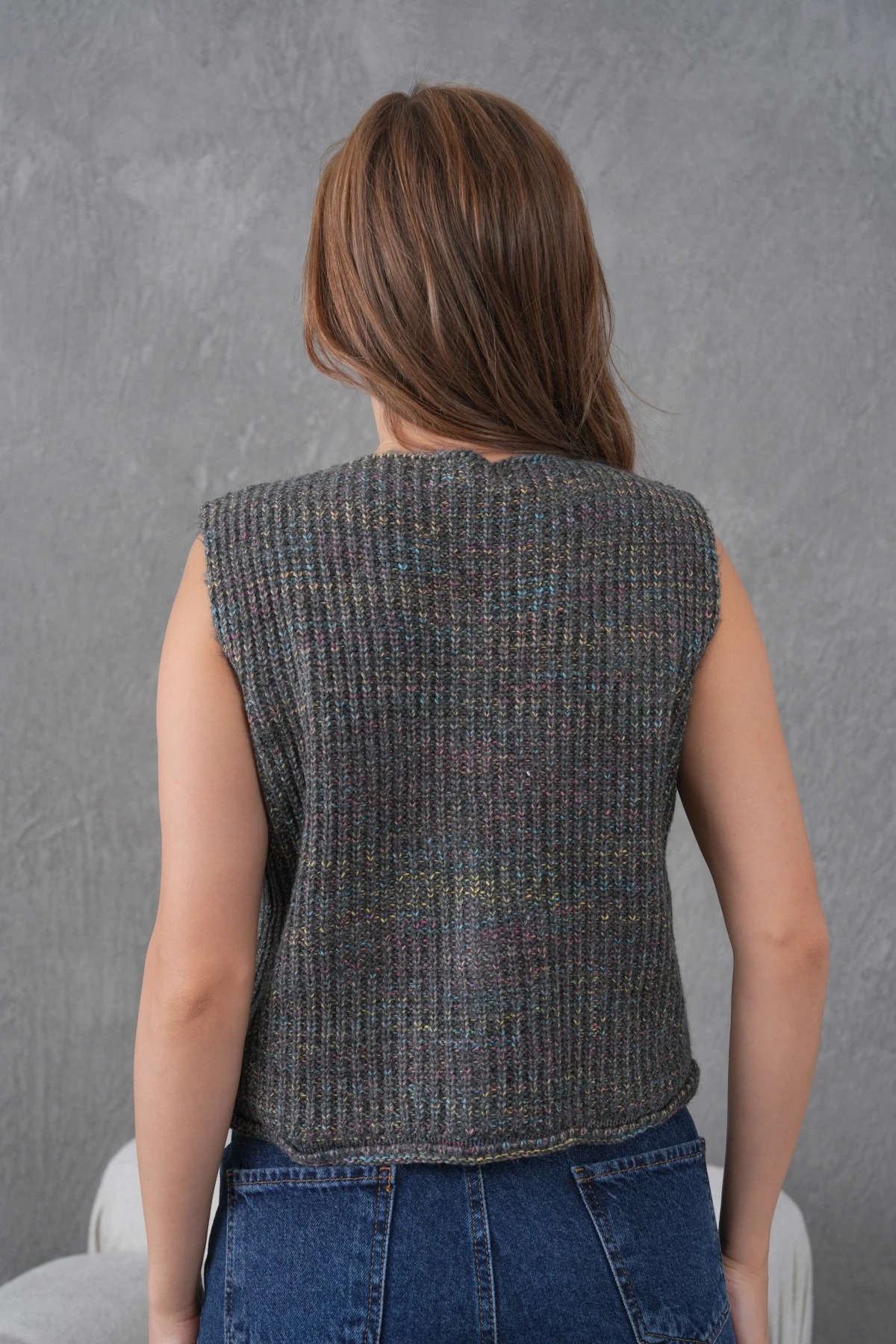 Kadın Geniş Yaka Düğme Detay Selanik Örgü Kolsuz Triko Yelek 8606Sw