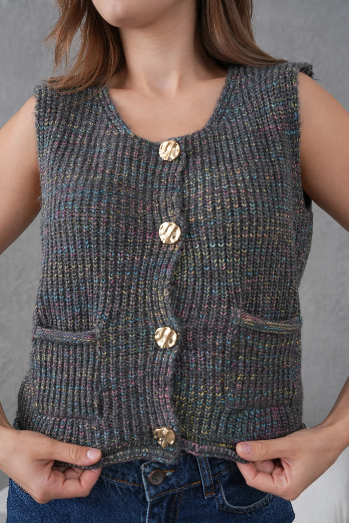 Kadın Geniş Yaka Düğme Detay Selanik Örgü Kolsuz Triko Yelek 8606Sw