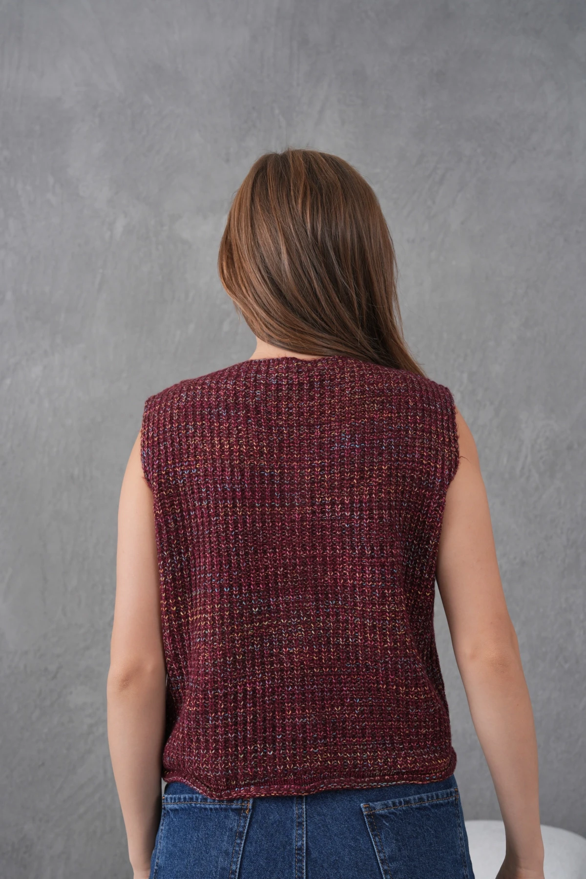 Kadın Geniş Yaka Düğme Detay Selanik Örgü Kolsuz Triko Yelek 8606Sw