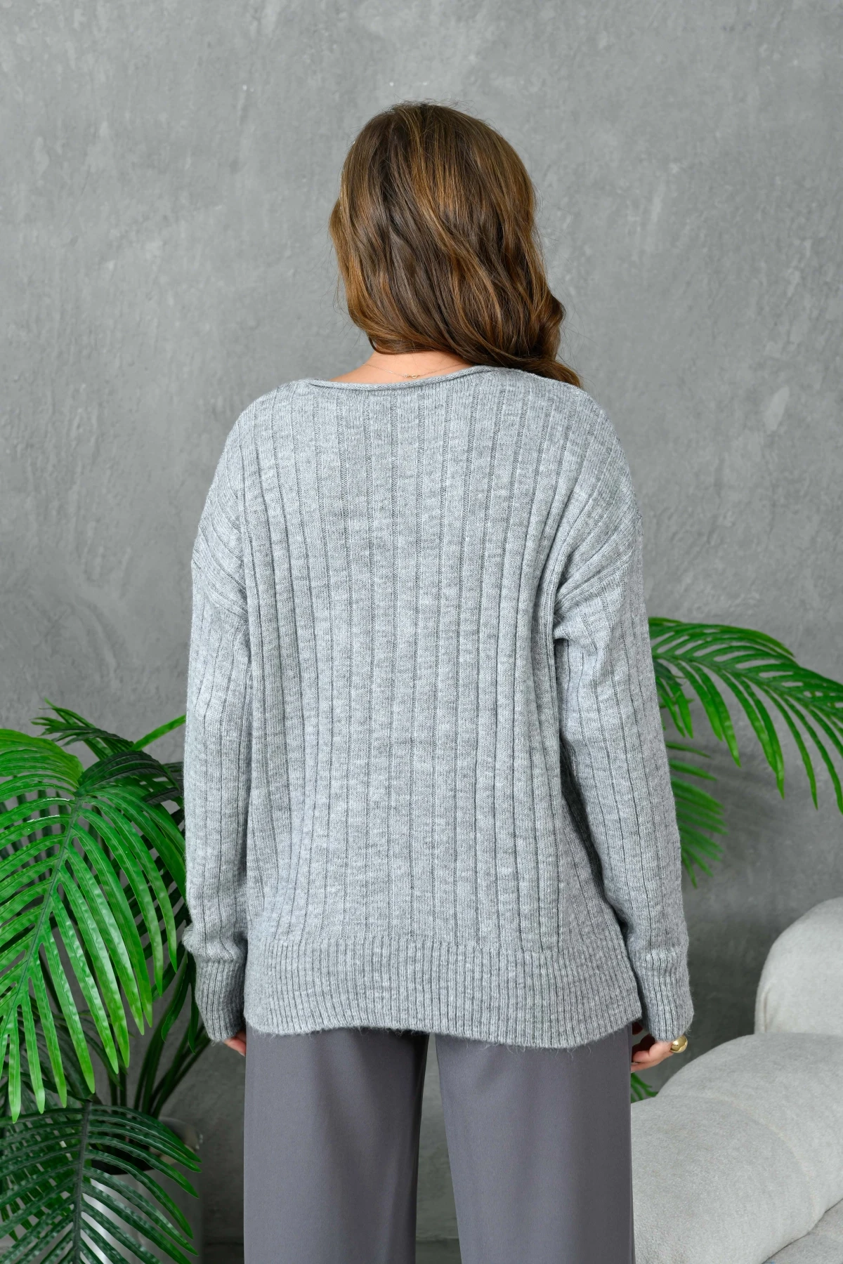 Kadın Geniş Yaka Fitilli Uzun Triko Kazak 8011Sw