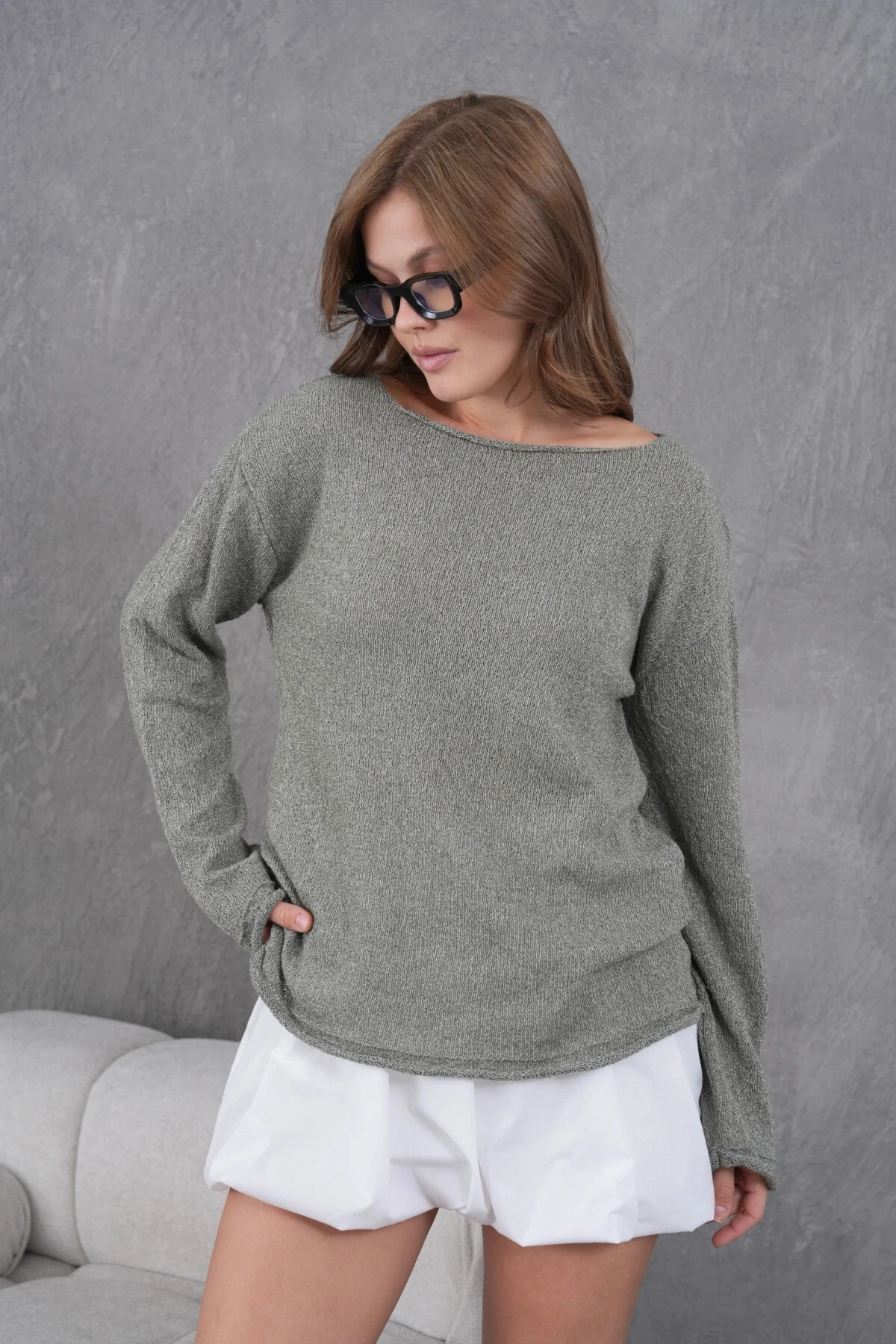 Kadın Haki Basic Oversize Kayık Yaka Dokulu Triko Kazak 8529sw