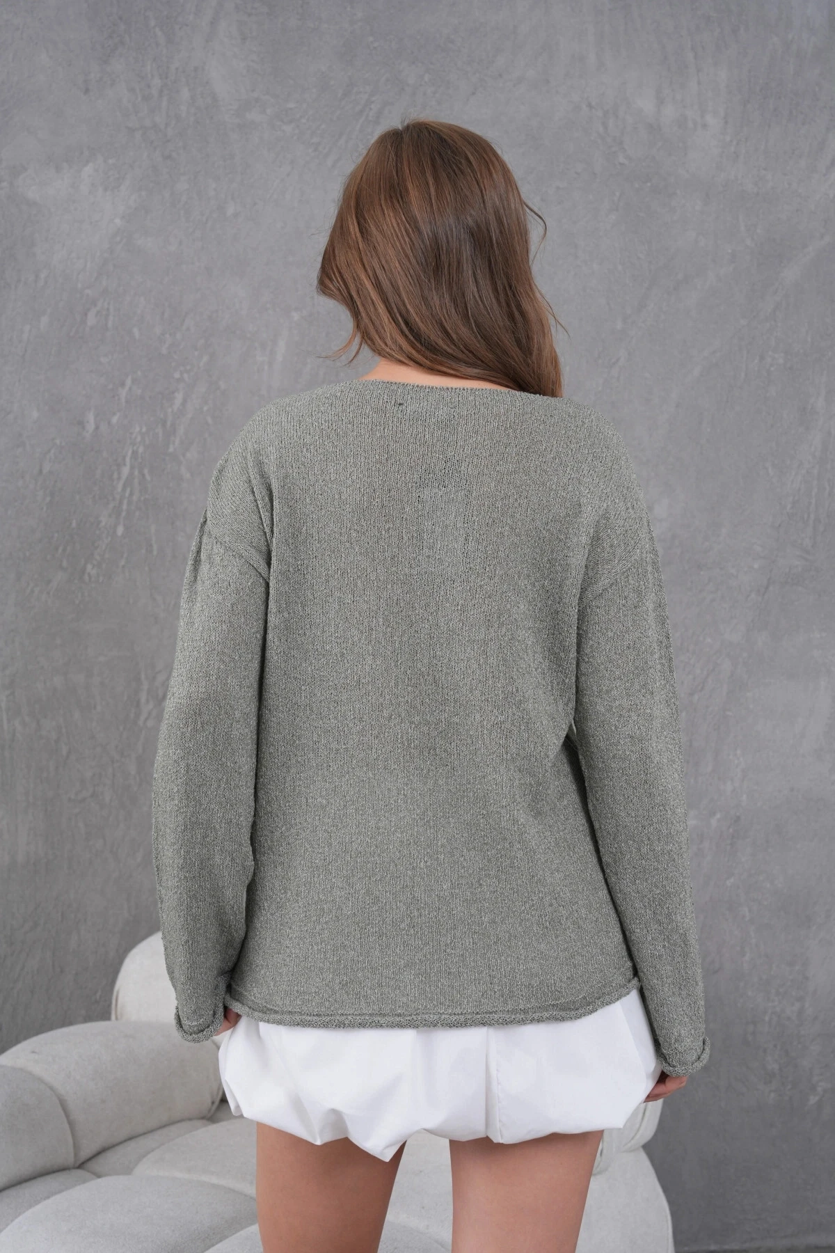 Kadın Haki Basic Oversize Kayık Yaka Dokulu Triko Kazak 8529sw