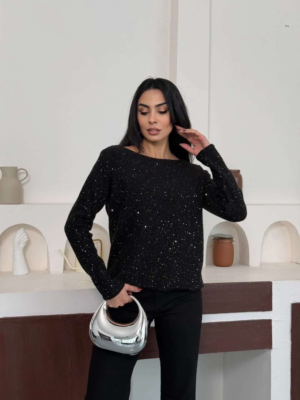 Kadın Kayık Yaka Simli Premium İplik Triko Kazak 12393.Pr