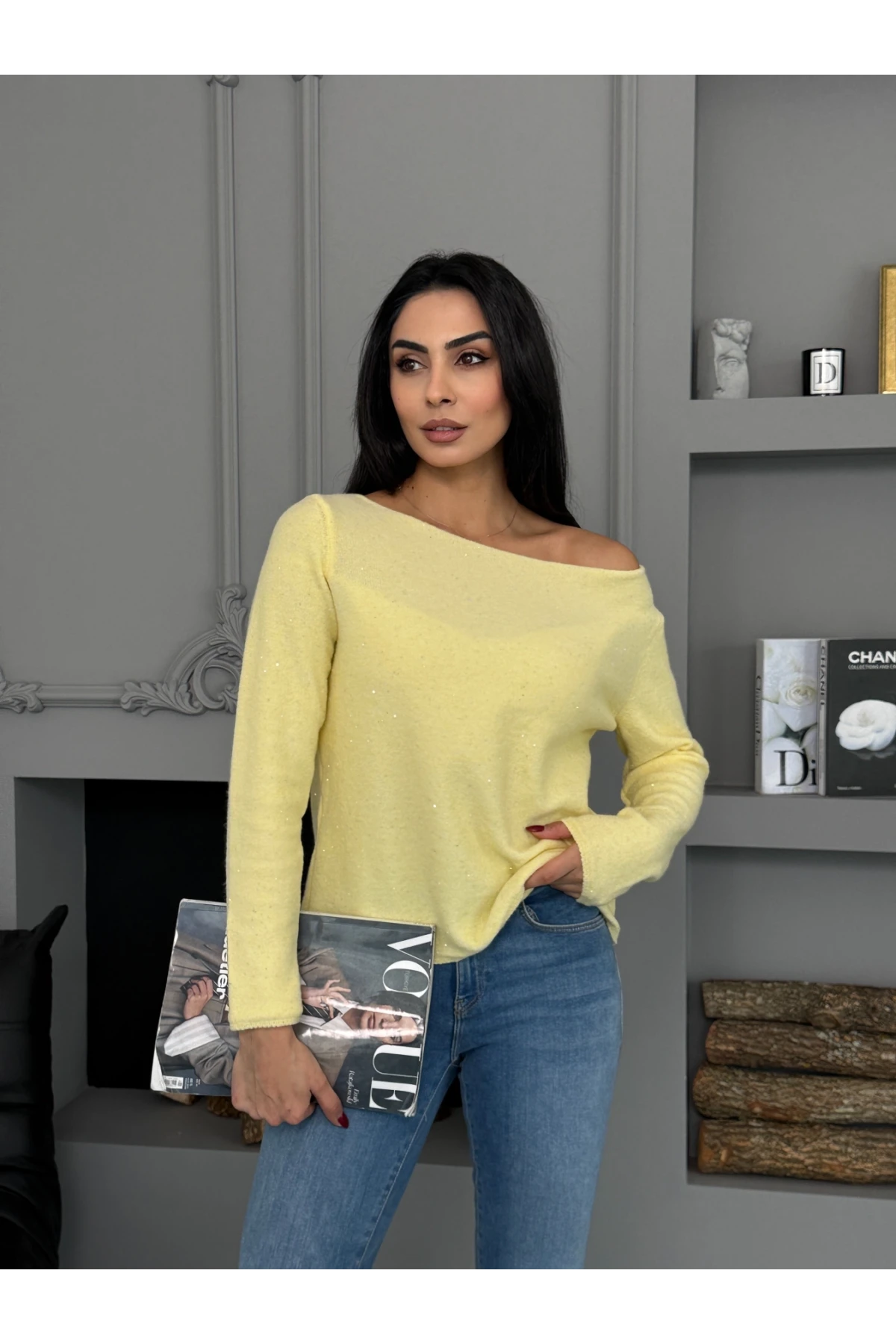 Kadın Kayık Yaka Viskon Karışımlı Simli Triko Kazak 8710Sw.Mng 