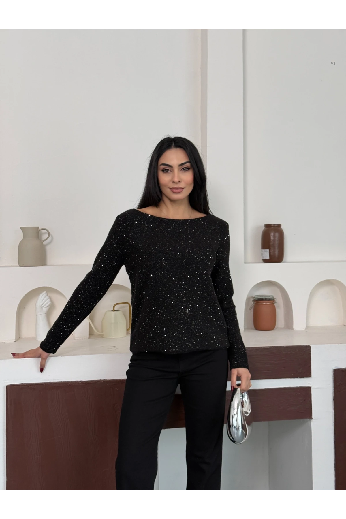 Kadın Kayık Yaka Viskon Karışımlı Simli Triko Kazak 8710Sw.Mng 