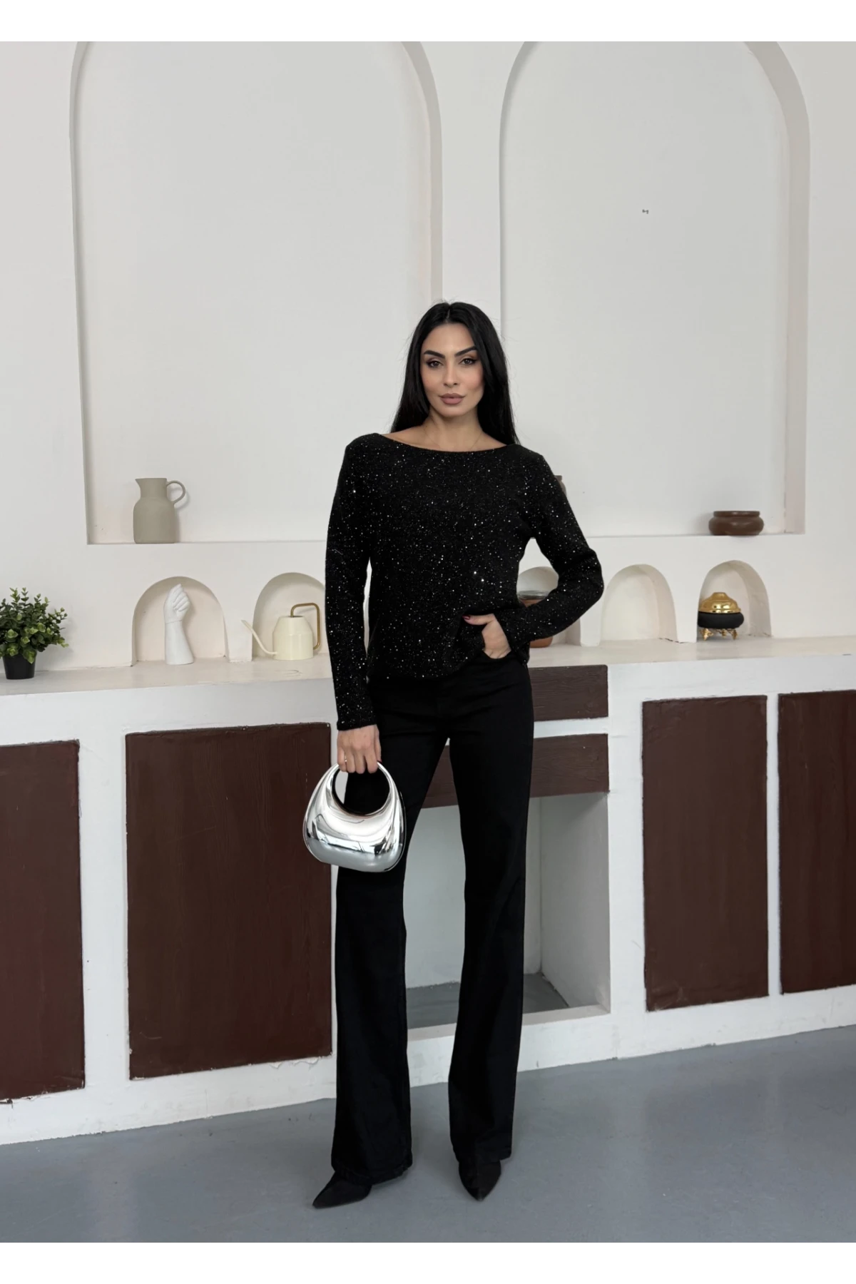 Kadın Kayık Yaka Viskon Karışımlı Simli Triko Kazak 8710Sw.Mng 