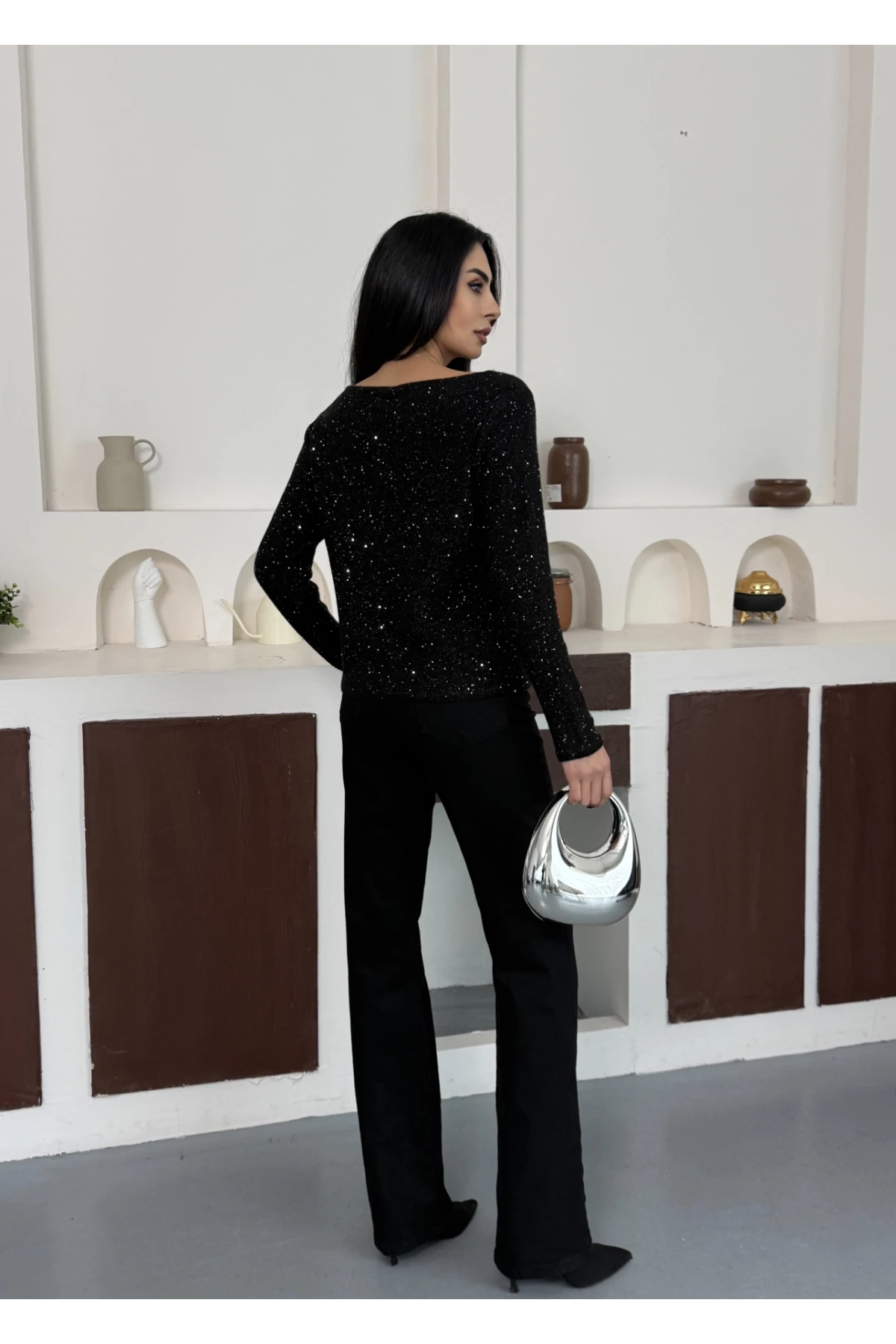 Kadın Kayık Yaka Viskon Karışımlı Simli Triko Kazak 8710Sw.Mng 