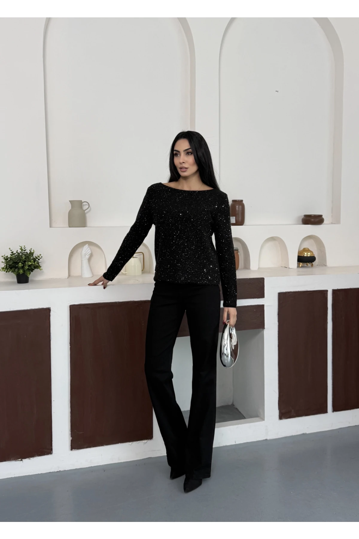 Kadın Kayık Yaka Viskon Karışımlı Simli Triko Kazak 8710Sw.Mng 