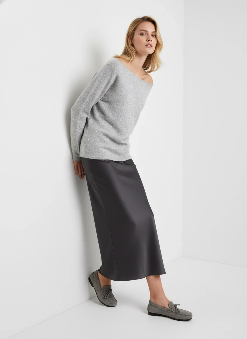 Kadın Kayık Yaka Viskon Karışımlı Simli Triko Kazak 8710Sw.Mng 