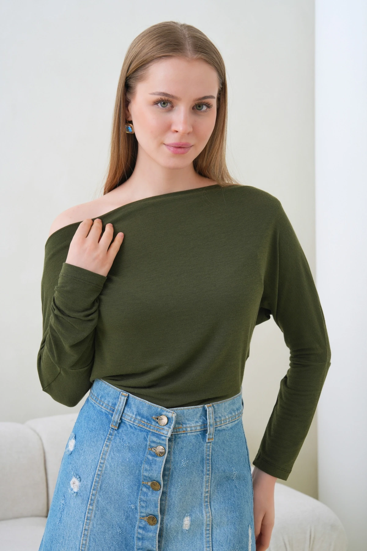 Kadın Kayık Yaka Yarasa Kol Lycralı Penye Bluz 13001