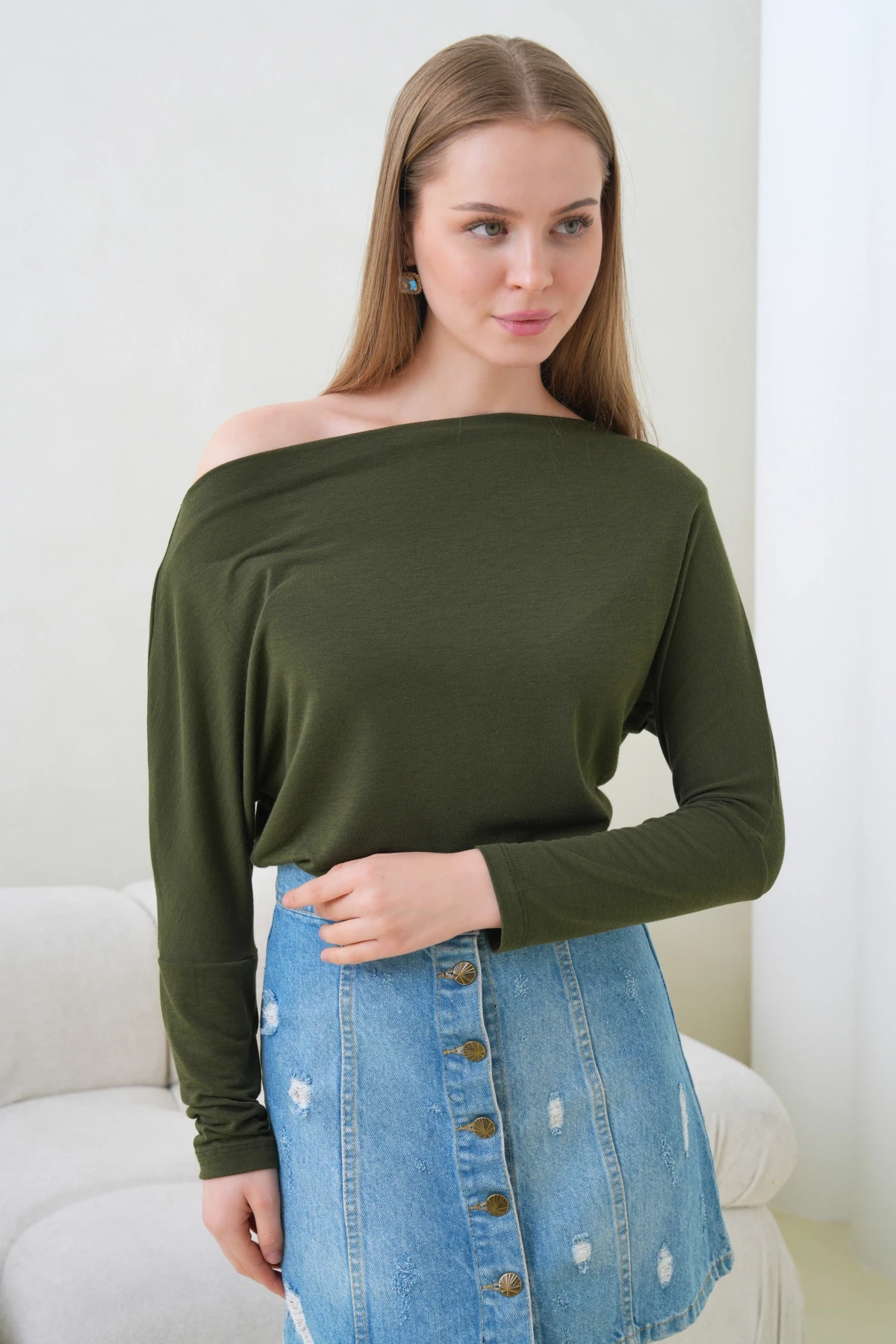 Kadın Kayık Yaka Yarasa Kol Lycralı Penye Bluz 13001
