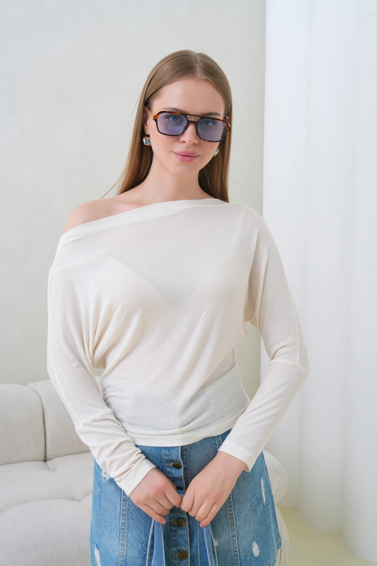 Kadın Kayık Yaka Yarasa Kol Lycralı Penye Bluz 13001