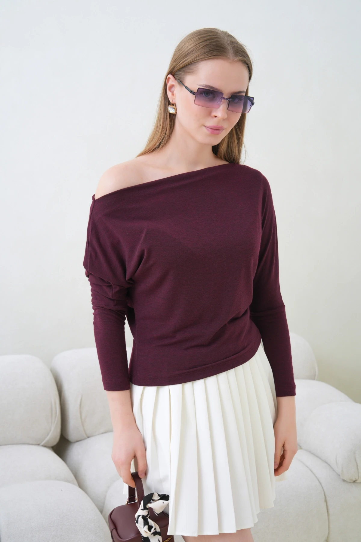 Kadın Kayık Yaka Yarasa Kol Lycralı Penye Bluz 13001