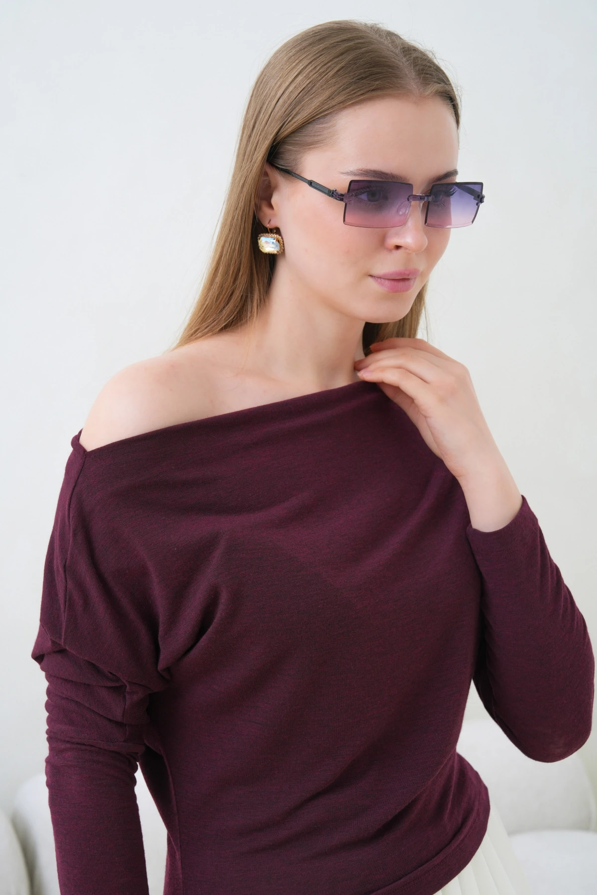 Kadın Kayık Yaka Yarasa Kol Lycralı Penye Bluz 13001