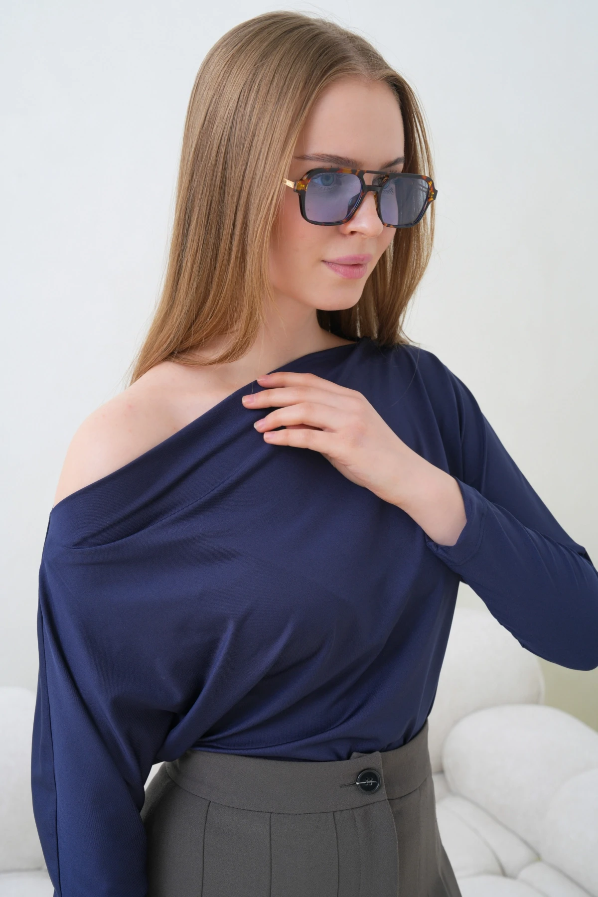 Kadın Kayık Yaka Yarasa Kol Lycralı Penye Bluz 13002