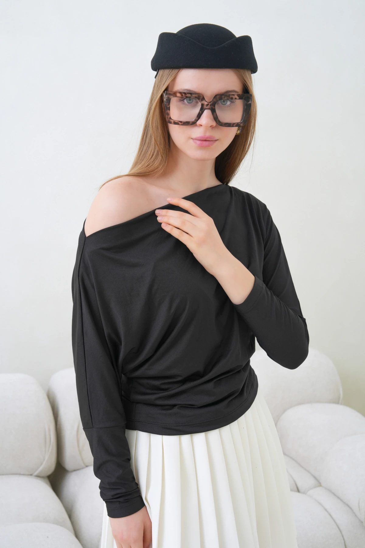 Kadın Kayık Yaka Yarasa Kol Lycralı Penye Bluz 13002