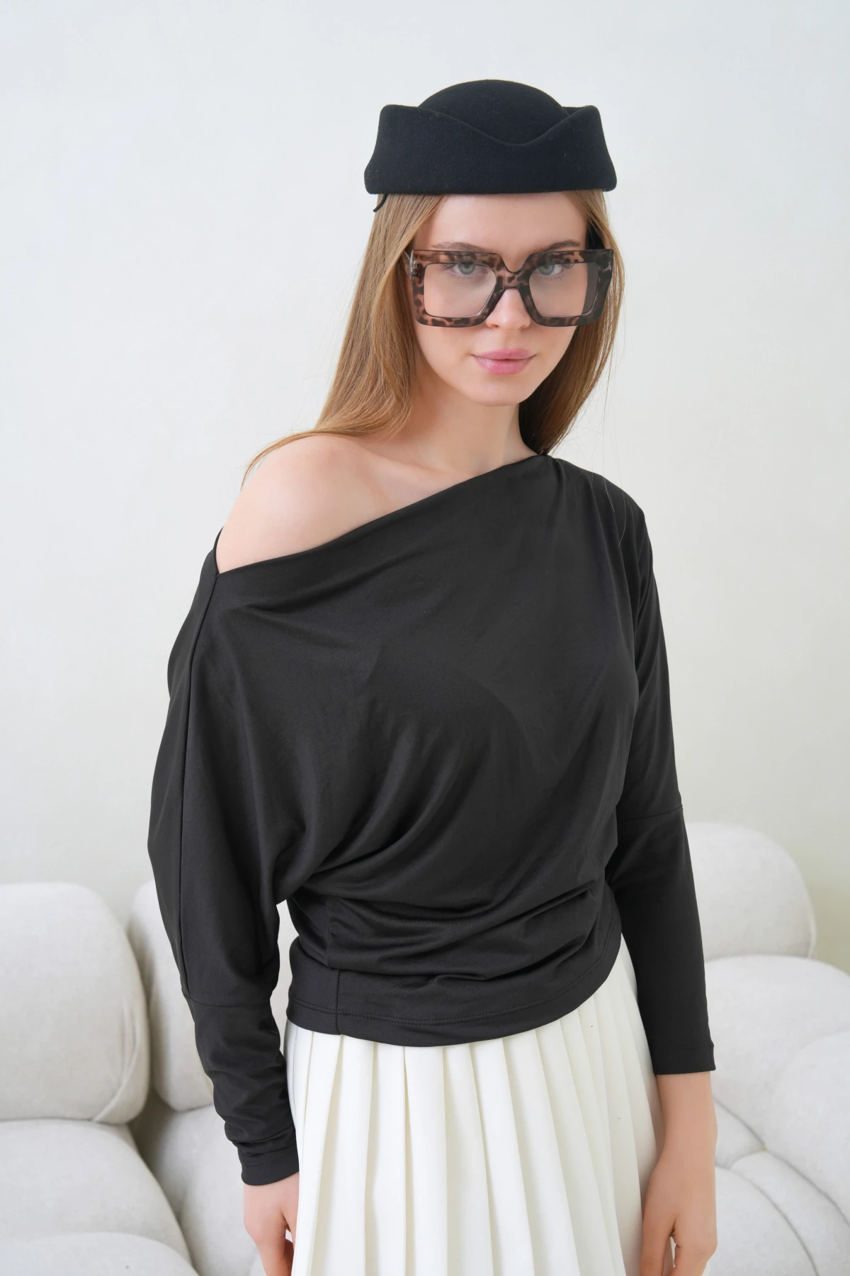 Kadın Kayık Yaka Yarasa Kol Lycralı Penye Bluz 13002