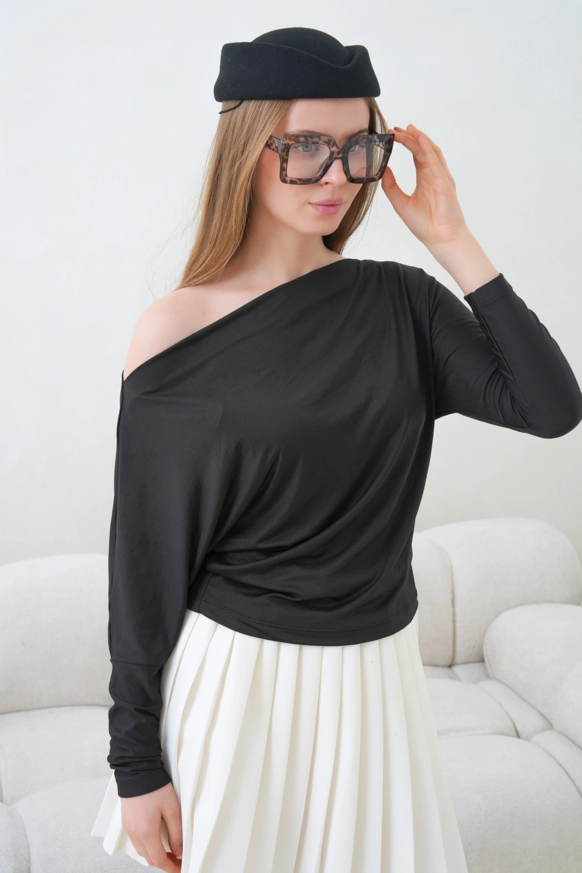 Kadın Kayık Yaka Yarasa Kol Lycralı Penye Bluz 13002