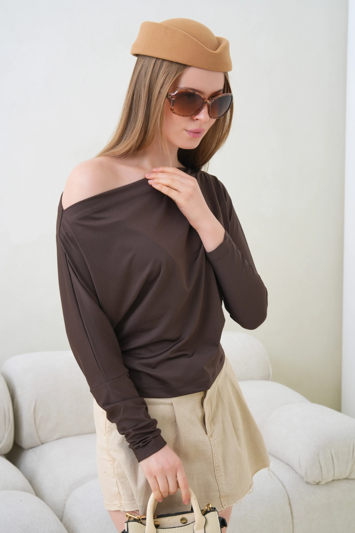 Kadın Kayık Yaka Yarasa Kol Lycralı Penye Bluz 13002