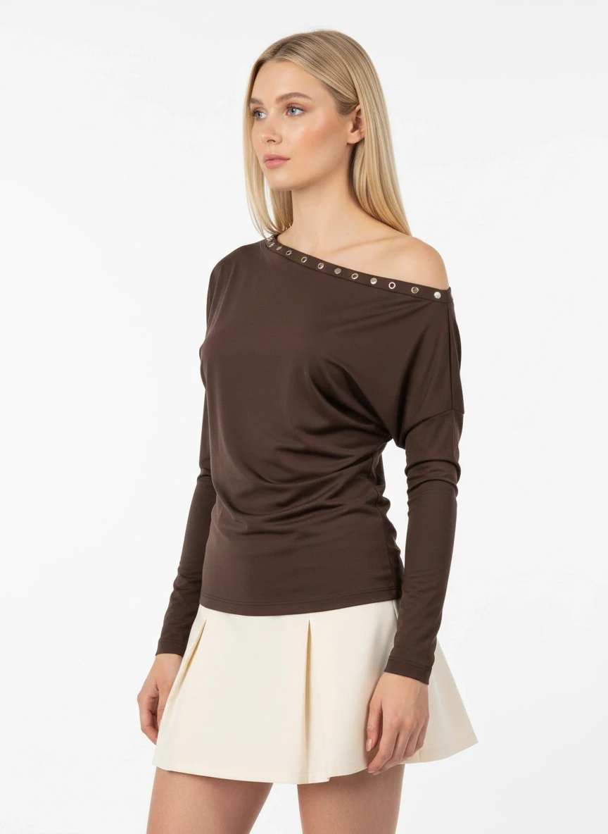 Kadın Kayık Yaka Yarasa Kol Yakası Troklu Lycralı Penye Bluz 13003