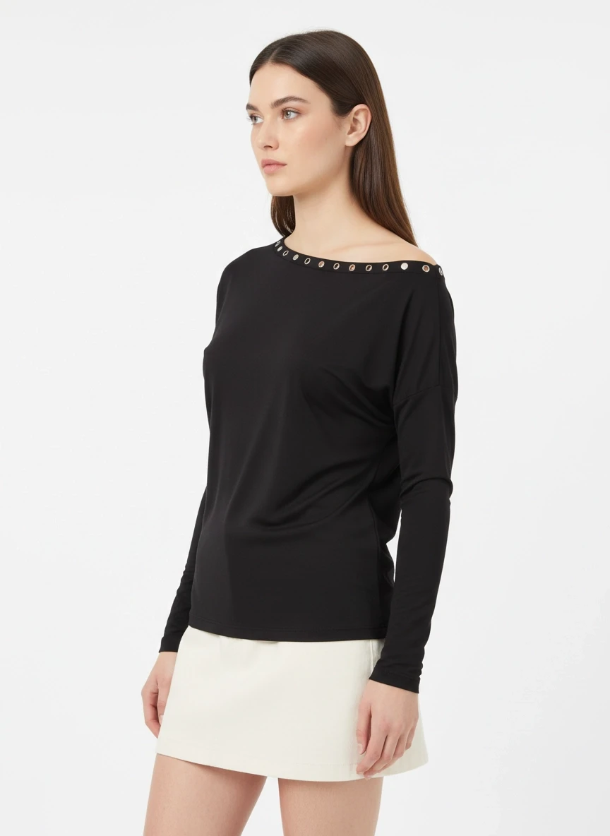 Kadın Kayık Yaka Yarasa Kol Yakası Troklu Lycralı Penye Bluz 13003