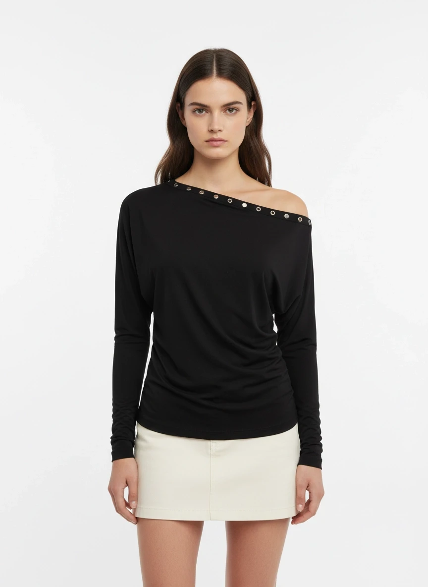 Kadın Kayık Yaka Yarasa Kol Yakası Troklu Lycralı Penye Bluz 13003