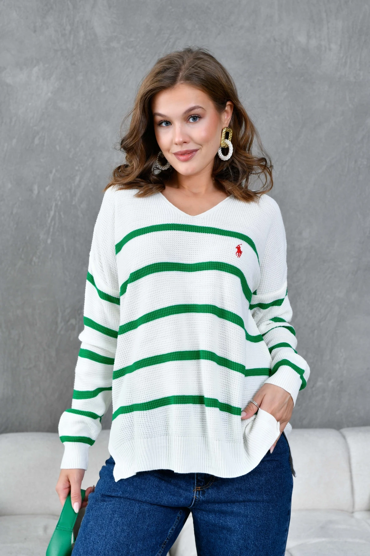 Kadın Nopeli Selanik Örgü V Yaka Çizgili Triko Kazak 224275