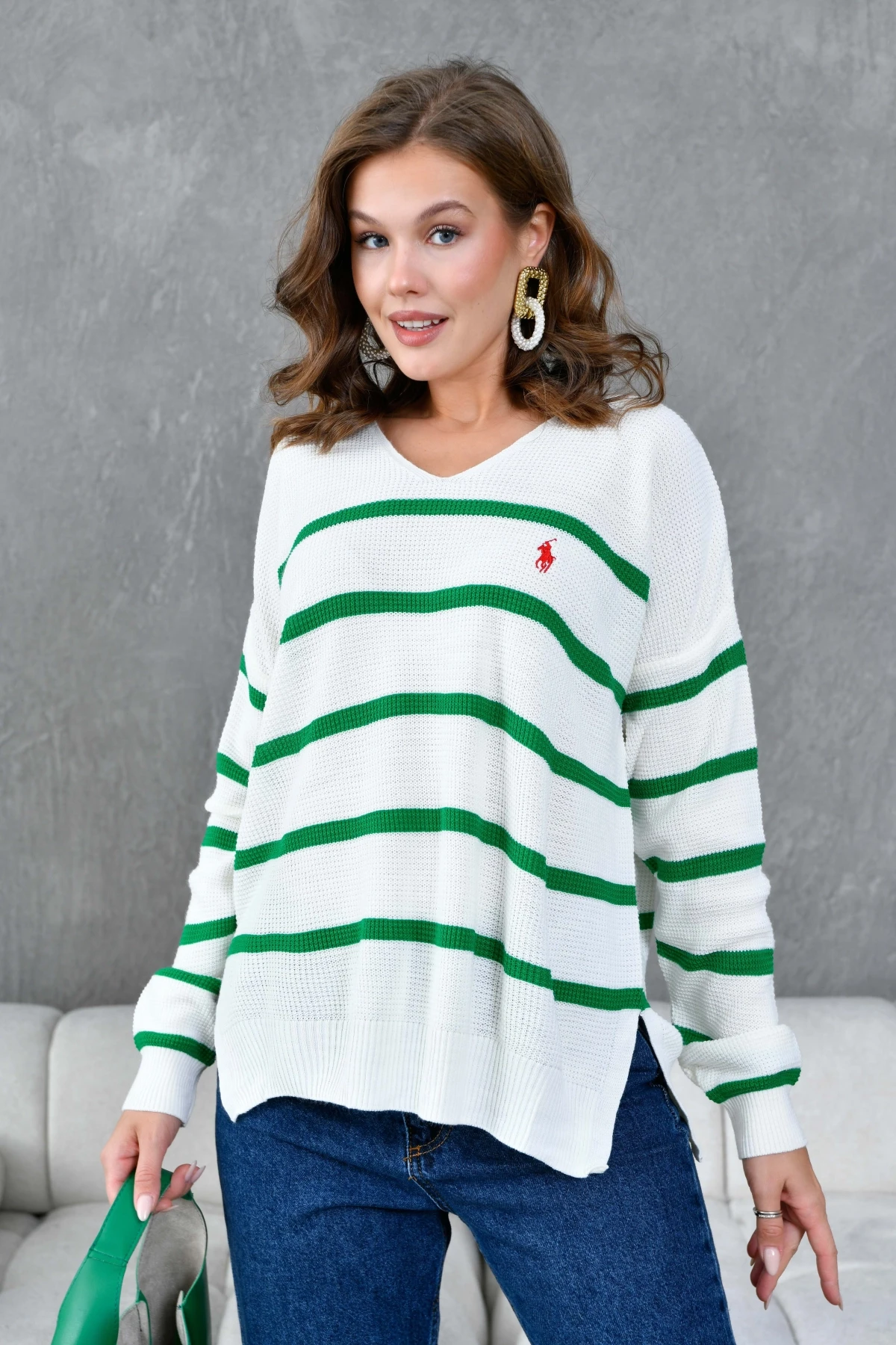 Kadın Nopeli Selanik Örgü V Yaka Çizgili Triko Kazak 224275