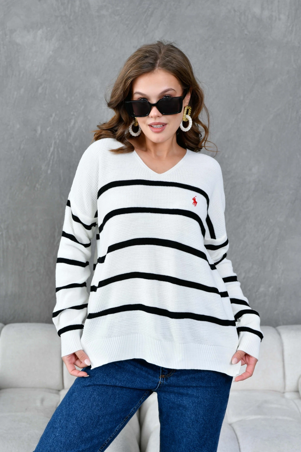 Kadın Nopeli Selanik Örgü V Yaka Çizgili Triko Kazak 224275