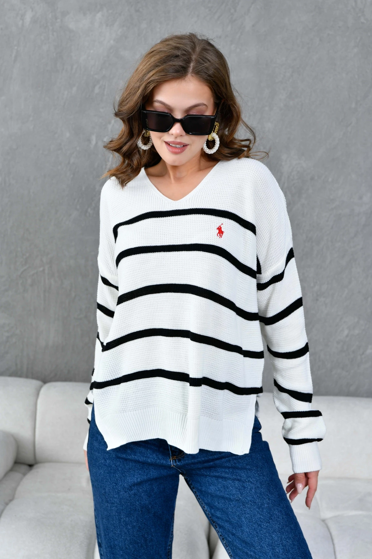Kadın Nopeli Selanik Örgü V Yaka Çizgili Triko Kazak 224275