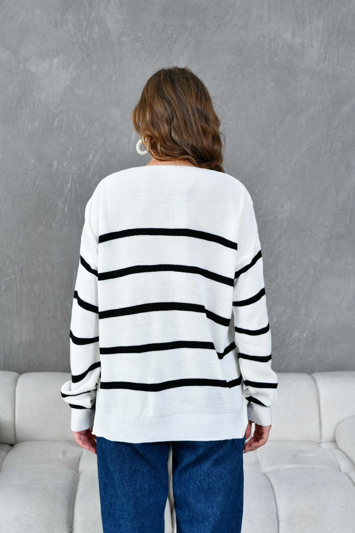 Kadın Nopeli Selanik Örgü V Yaka Çizgili Triko Kazak 224275