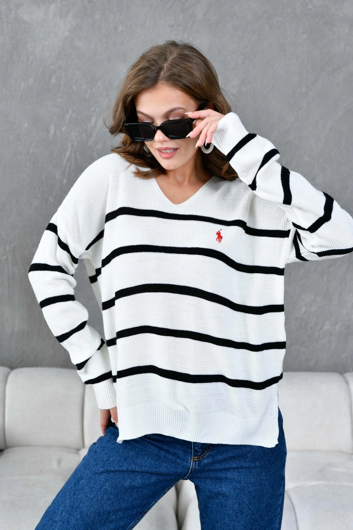 Kadın Nopeli Selanik Örgü V Yaka Çizgili Triko Kazak 224275