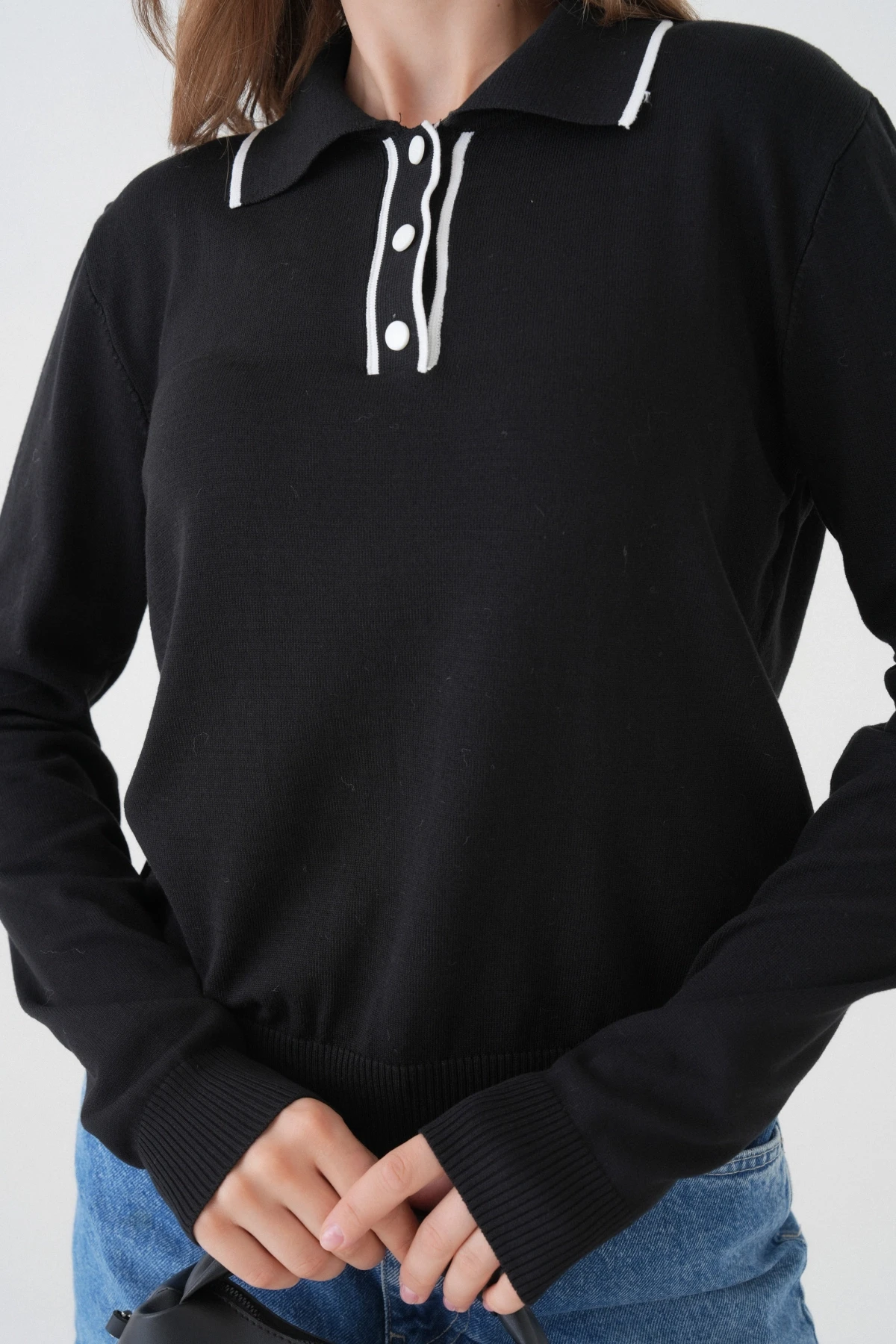 Kadın Polo Düğme Detay Basic Triko Kazak 12338.Vrt