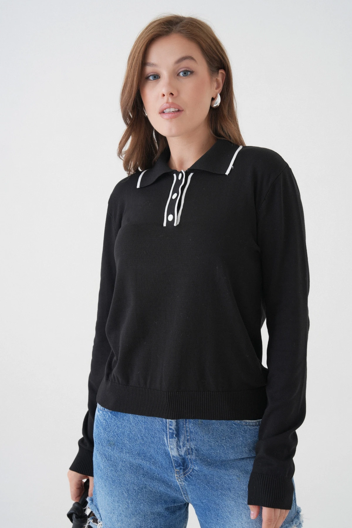 Kadın Polo Düğme Detay Basic Triko Kazak 12338.Vrt