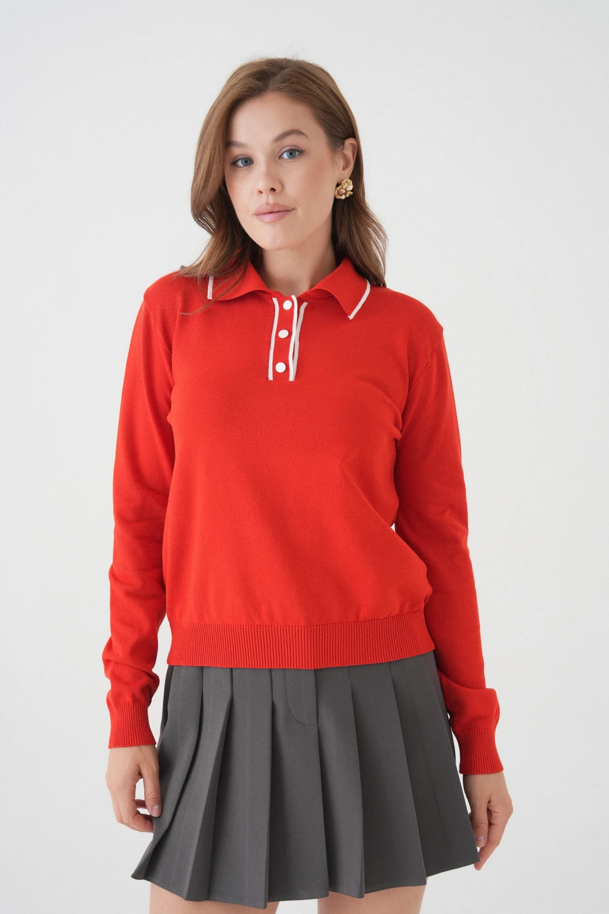 Kadın Polo Düğme Detay Basic Triko Kazak 12338.Vrt