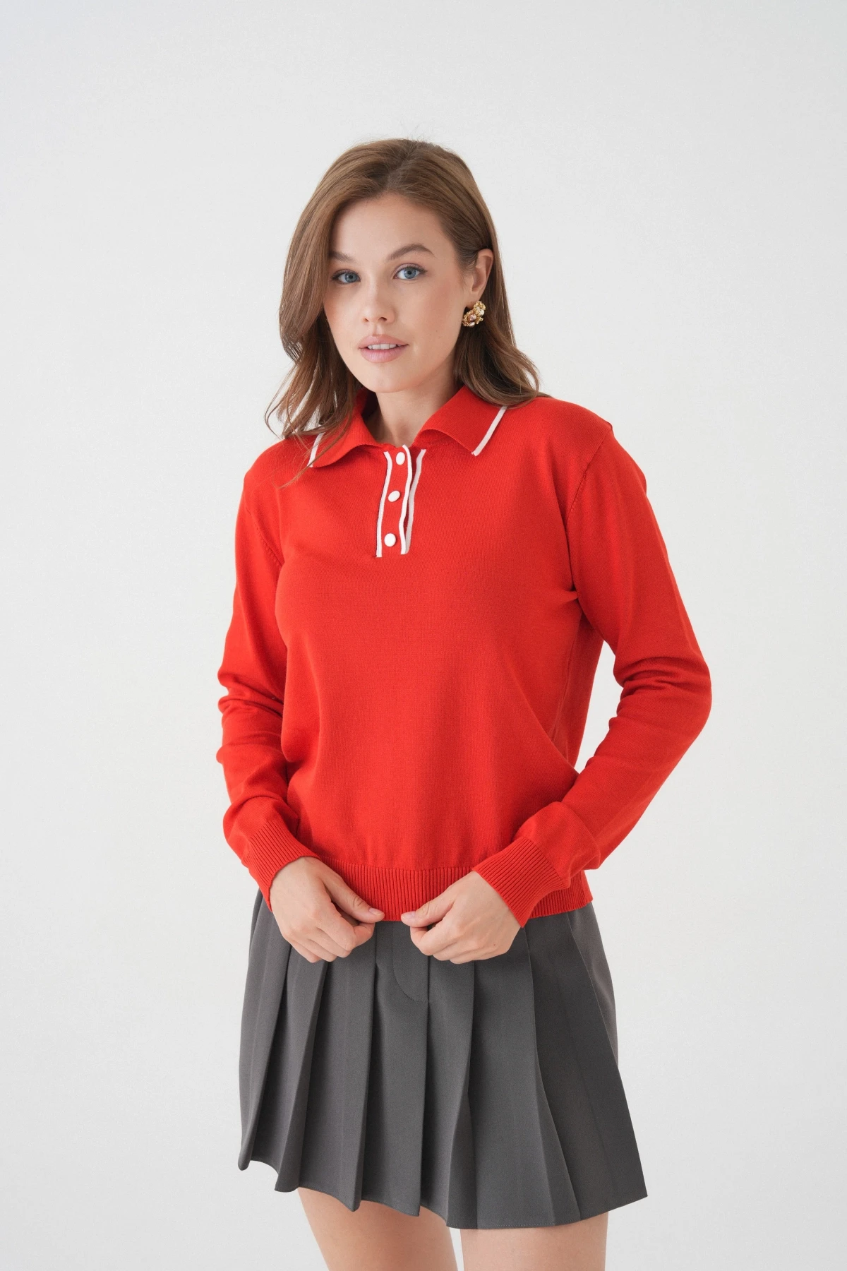 Kadın Polo Düğme Detay Basic Triko Kazak 12338.Vrt