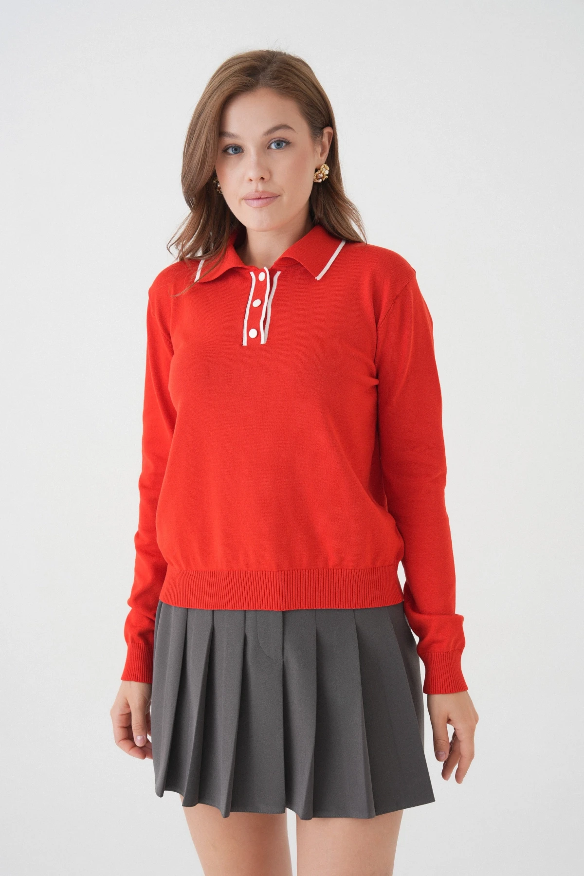 Kadın Polo Düğme Detay Basic Triko Kazak 12338.Vrt