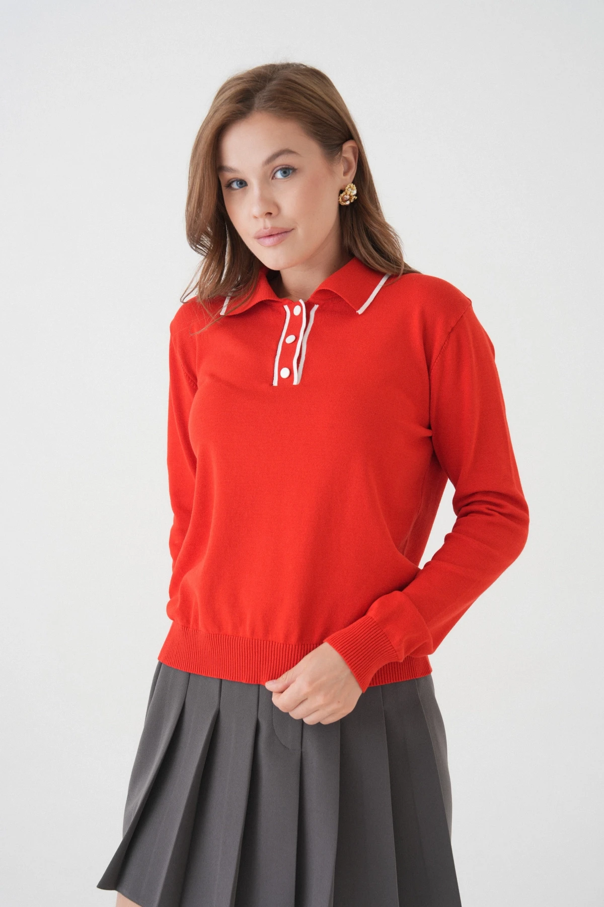 Kadın Polo Düğme Detay Basic Triko Kazak 12338.Vrt