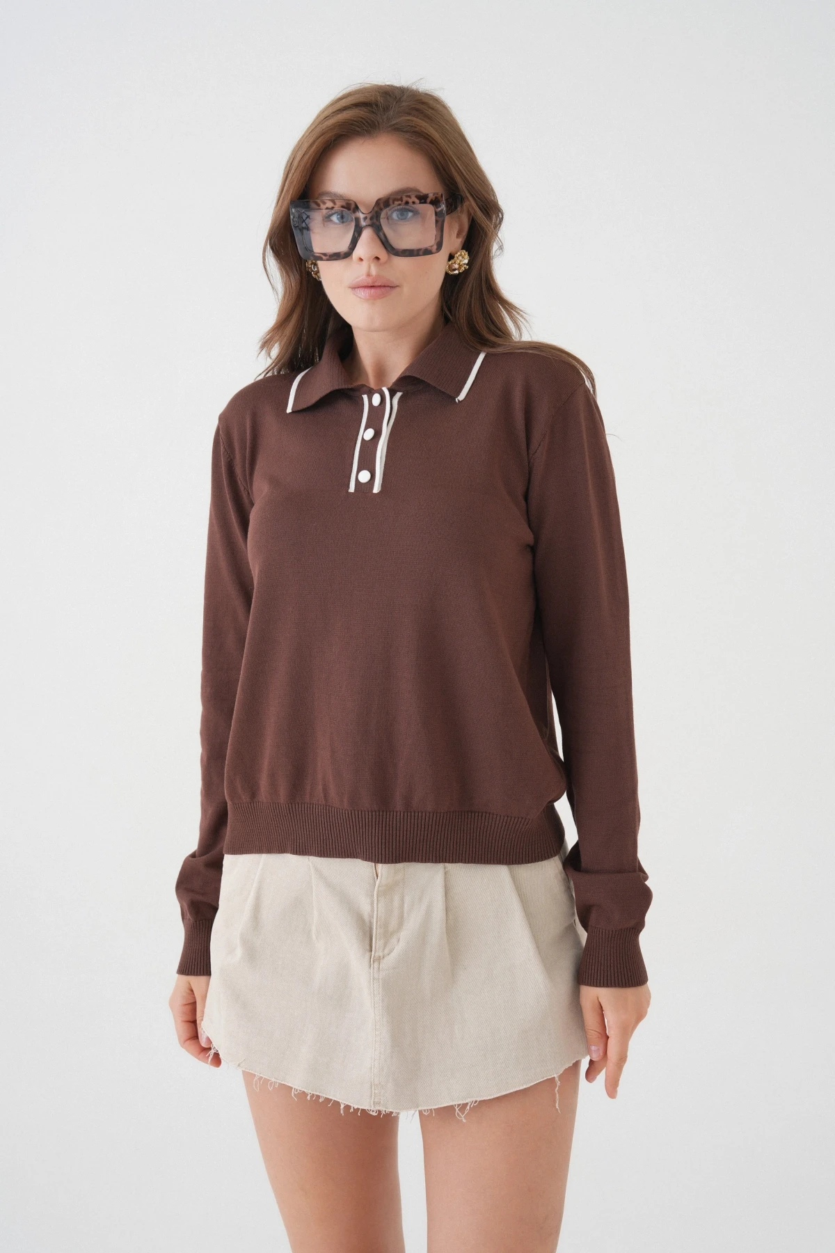 Kadın Polo Düğme Detay Basic Triko Kazak 12338.Vrt