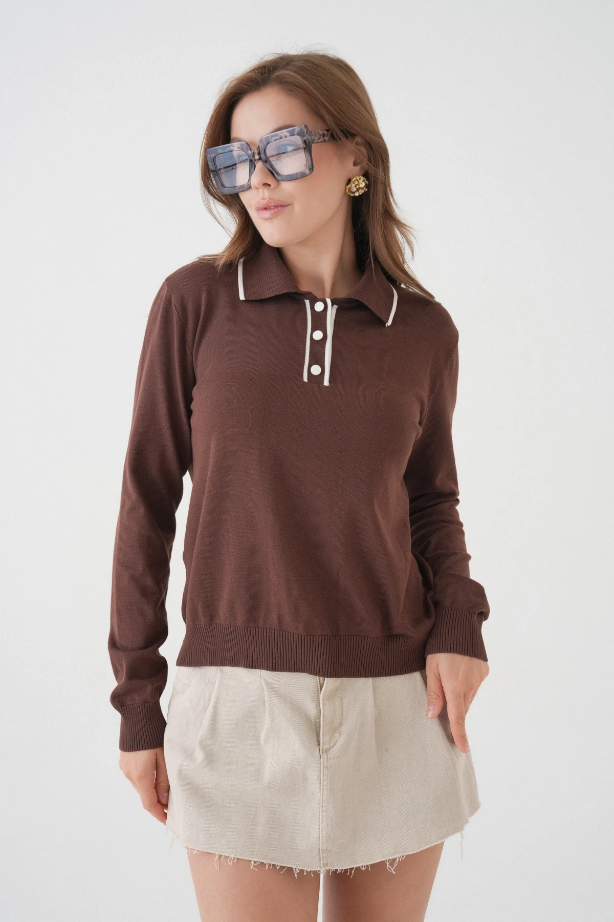 Kadın Polo Düğme Detay Basic Triko Kazak 12338.Vrt