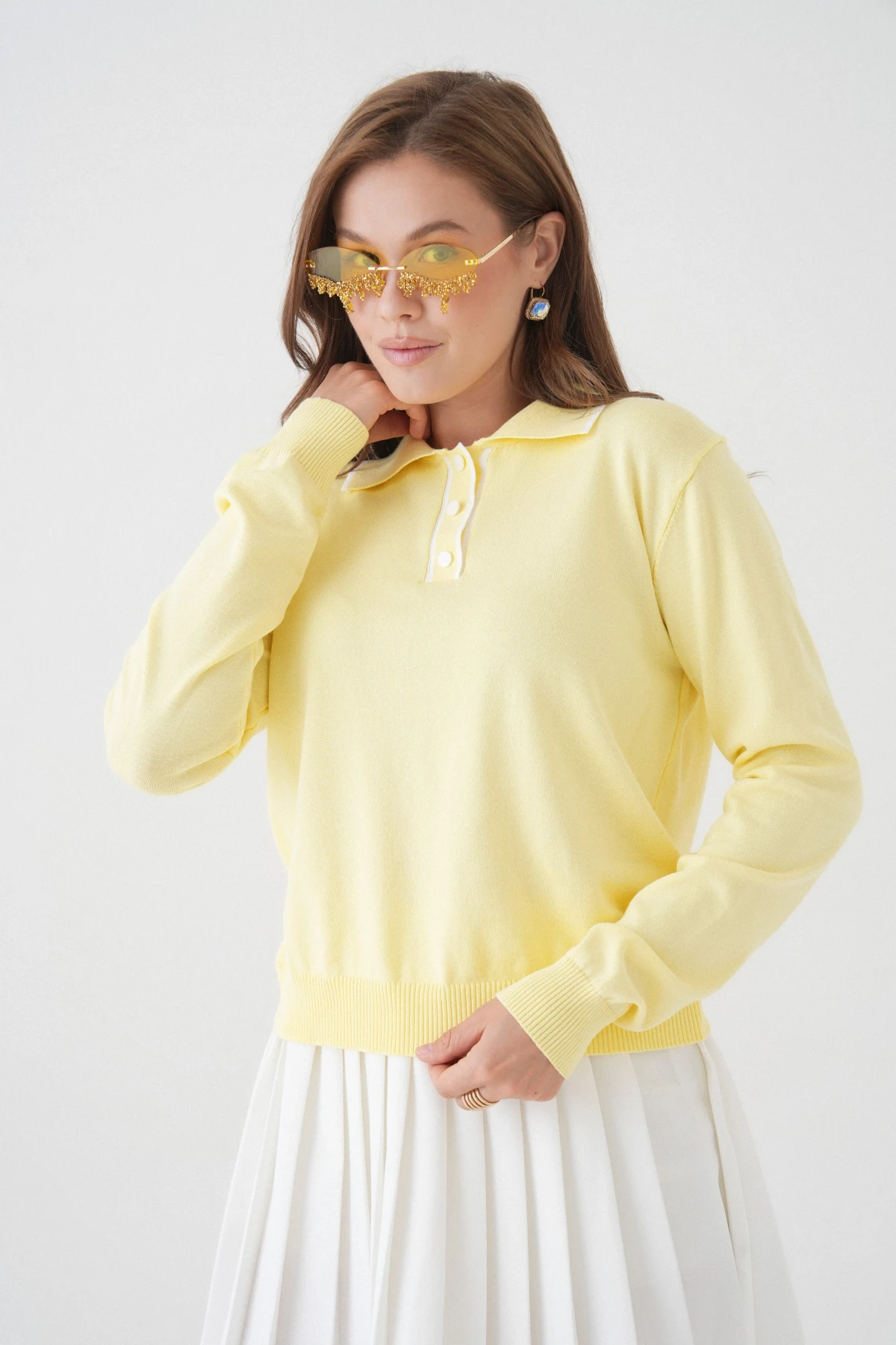 Kadın Polo Düğme Detay Basic Triko Kazak 12338.Vrt